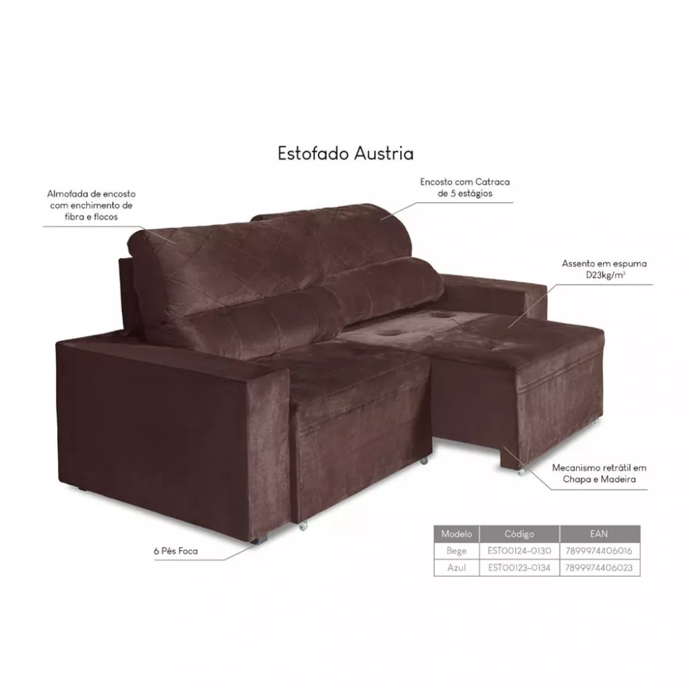 Sofá 3 Lugares 210cm Retrátil Veludo Áustria Berflex Estofados
