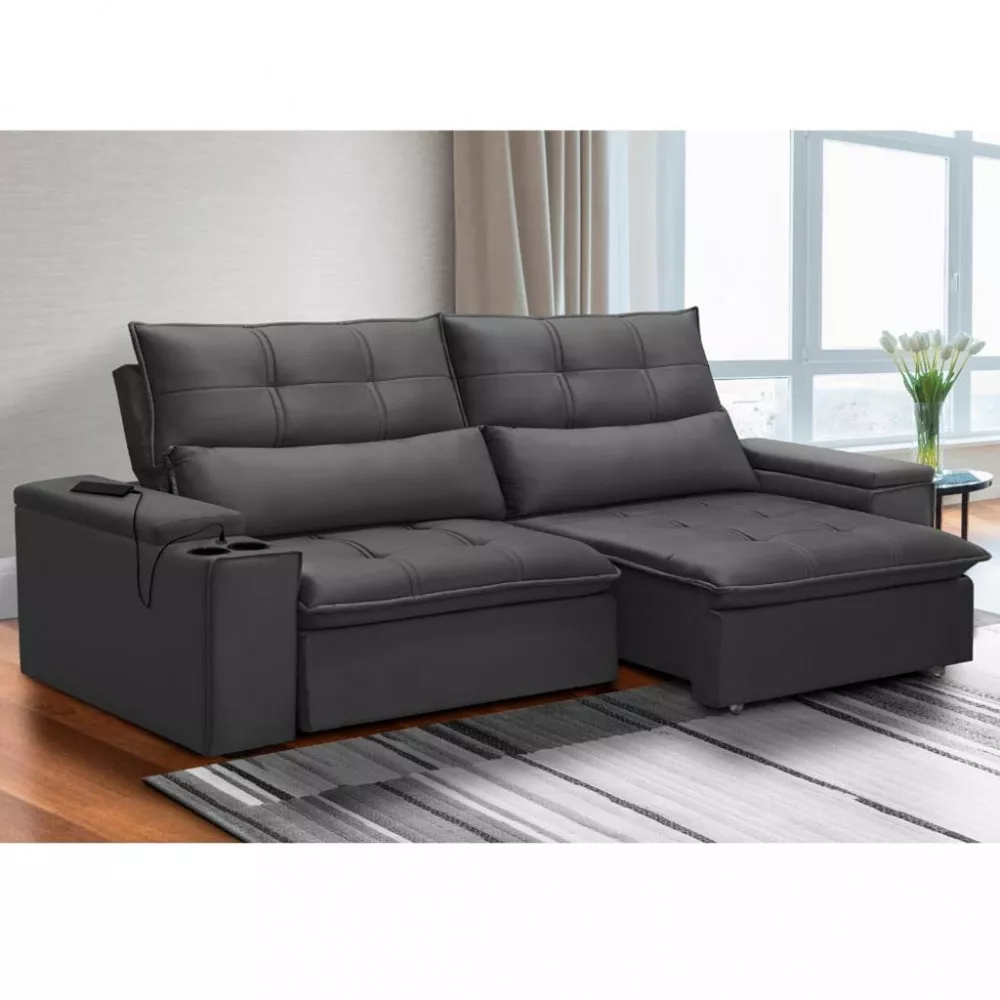 Sofá 4 Lugares Retrátil Reclinável com USB Veludo 250cm Munique Ferguile