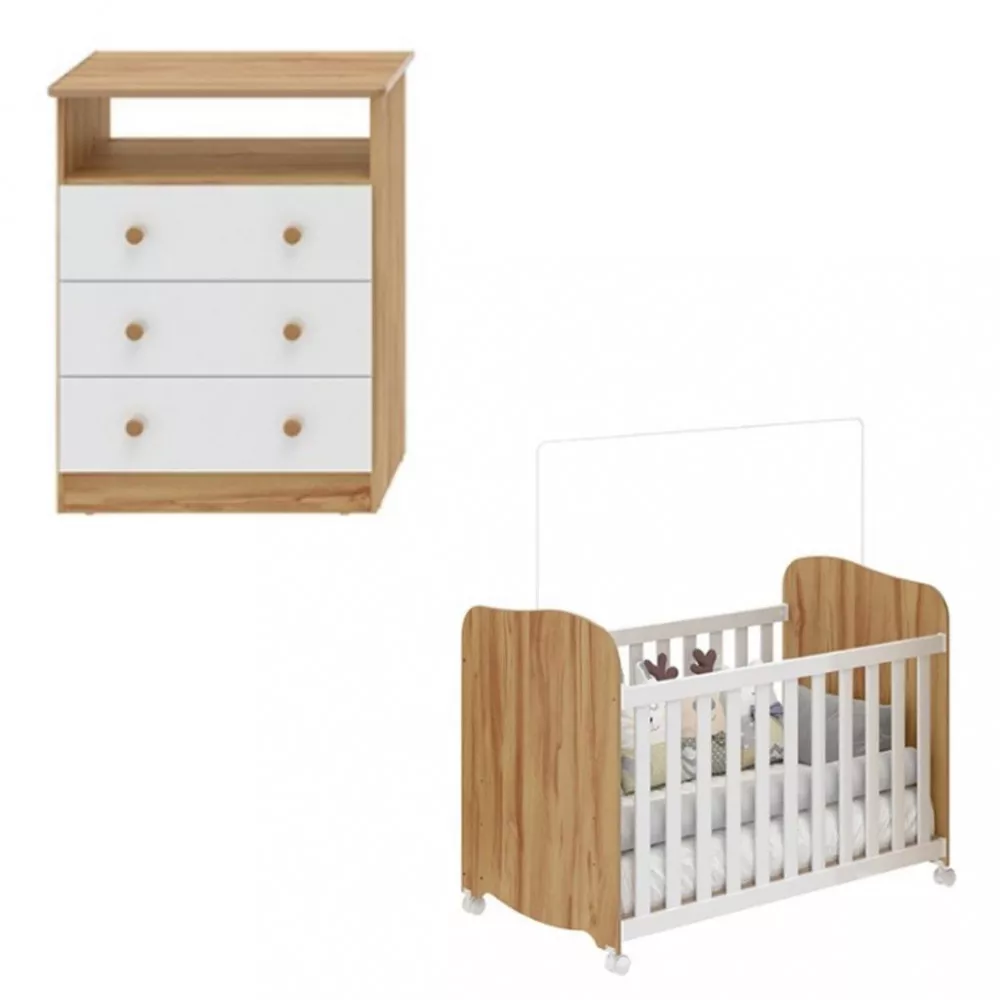 Image 1 of 7 of Quarto de Bebê com Cômoda 3 Gavetas Smim New e Berço MDF Americano Uli Móveis Peroba