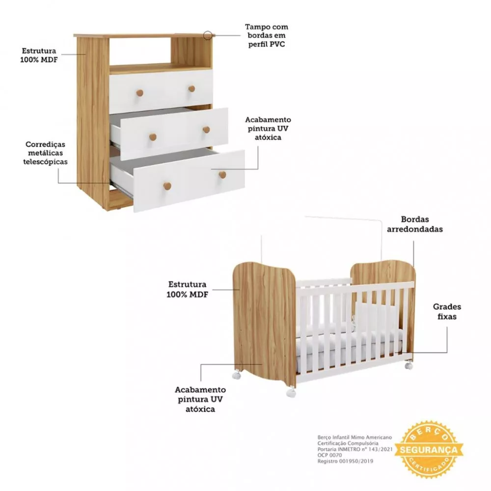 Image 2 of 7 of Quarto de Bebê com Cômoda 3 Gavetas Smim New e Berço MDF Americano Uli Móveis Peroba