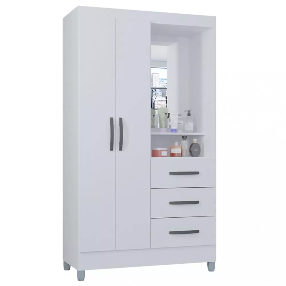 Guarda Roupa Solteiro com Espelho 2 Portas 3 Gavetas Madri Poquema