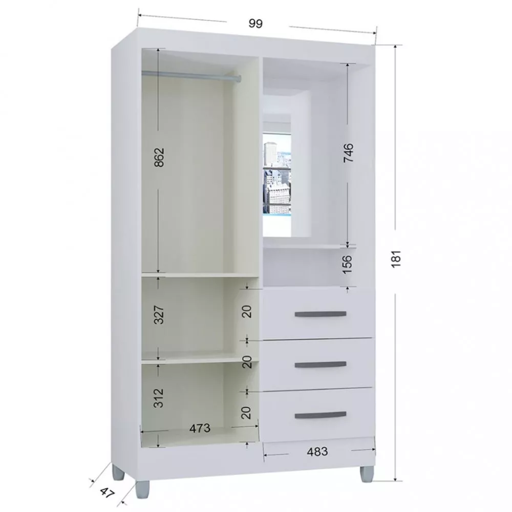 Guarda Roupa Solteiro com Espelho 2 Portas 3 Gavetas Madri Poquema