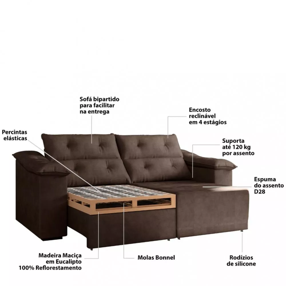 Sofá 3 Lugares 230cm Retrátil Reclinável Suede Parati Flash