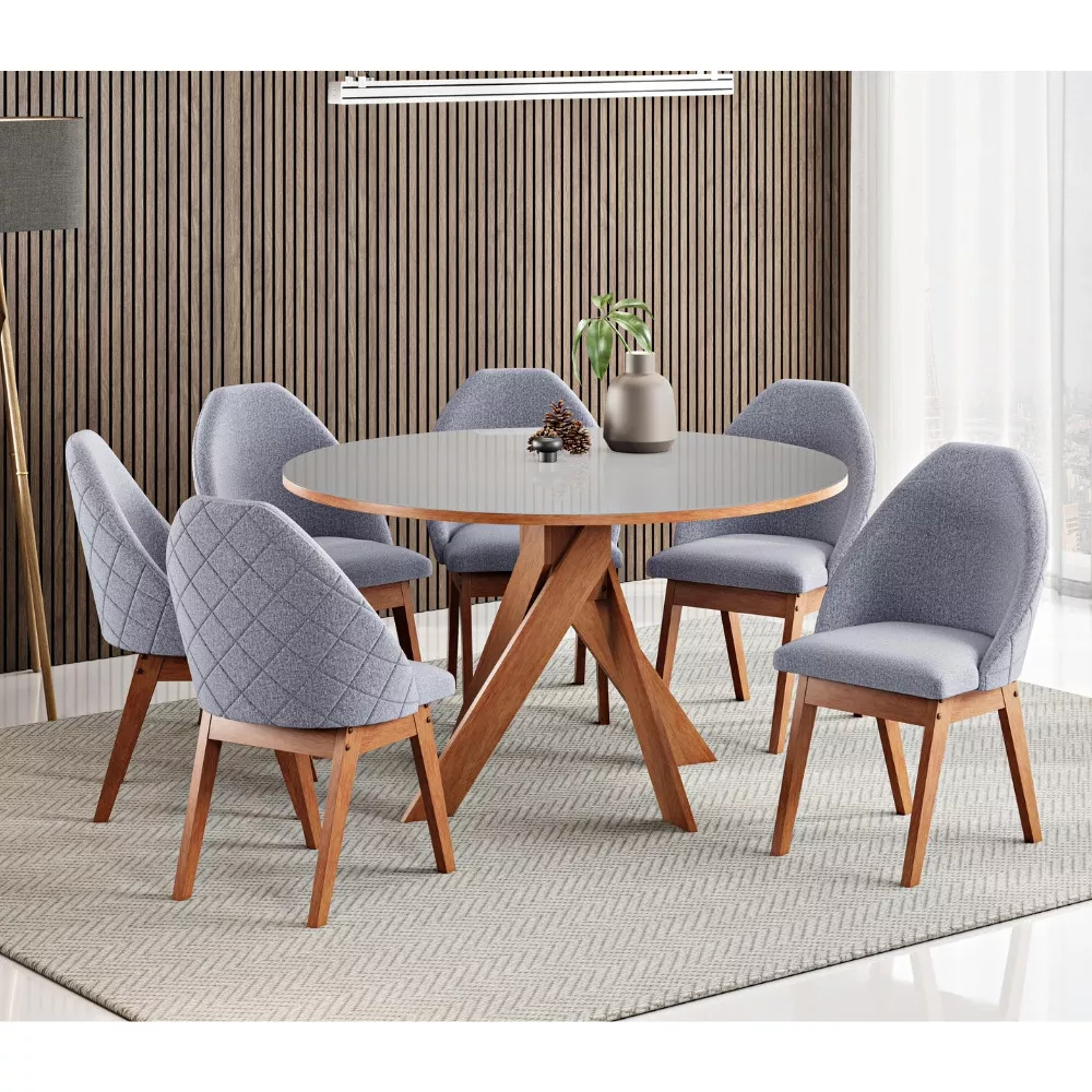 Conjunto Sala de Jantar Mesa Redonda 137cm 6 Poltrona Grécia Madetal