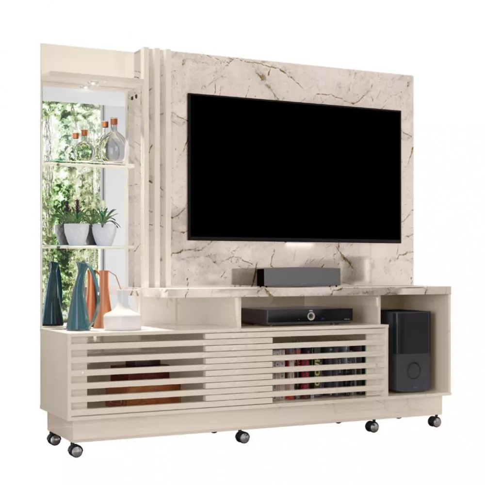 Estante Home para TV até 60 Polegadas com LED Espelho e Prateleira de Vidro 2 Portas com Rodízios Frizz Plus Madetec