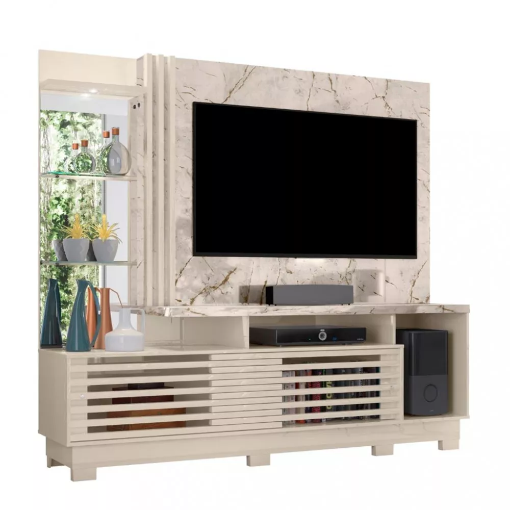 Estante Home para TV até 60 Polegadas com LED Espelho e Prateleira de Vidro 2 Portas de Correr com Pés Frizz Plus Madetec