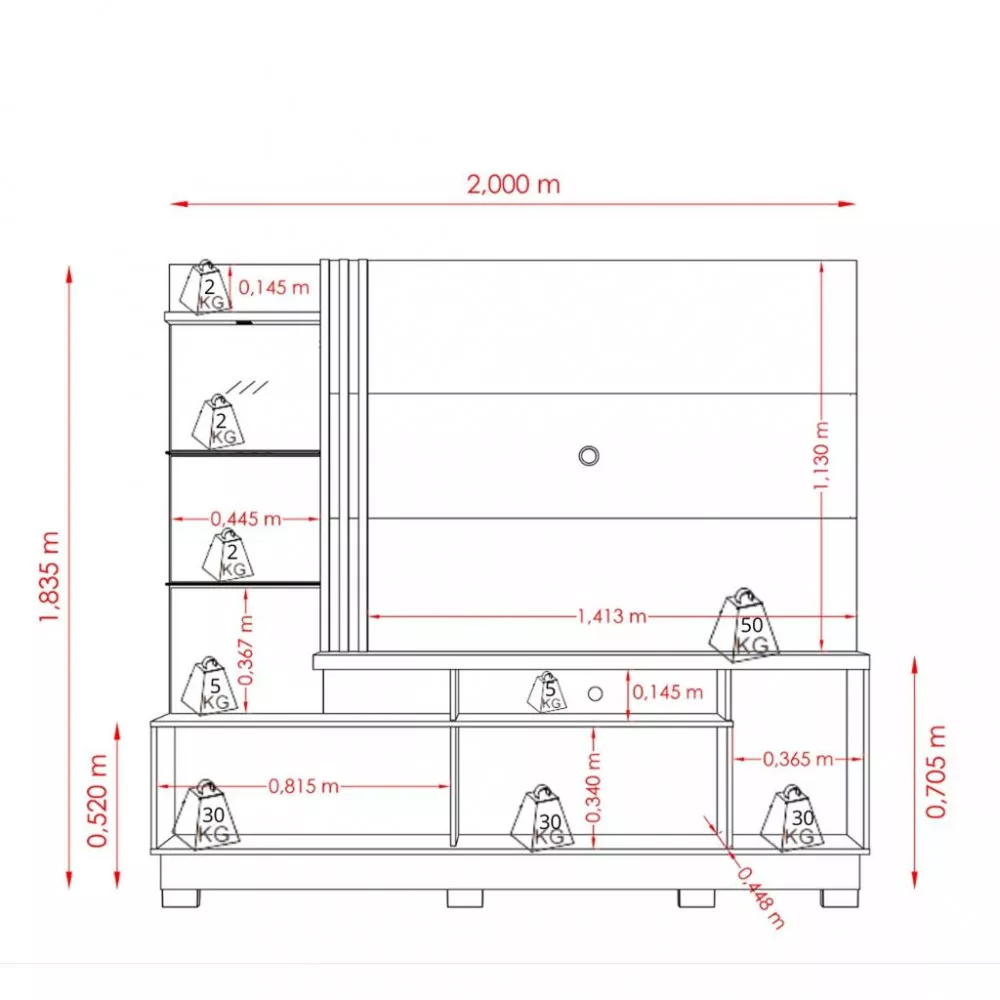 Estante Home para TV até 60 Polegadas com LED Espelho e Prateleira de Vidro 2 Portas de Correr com Pés Frizz Plus Madetec
