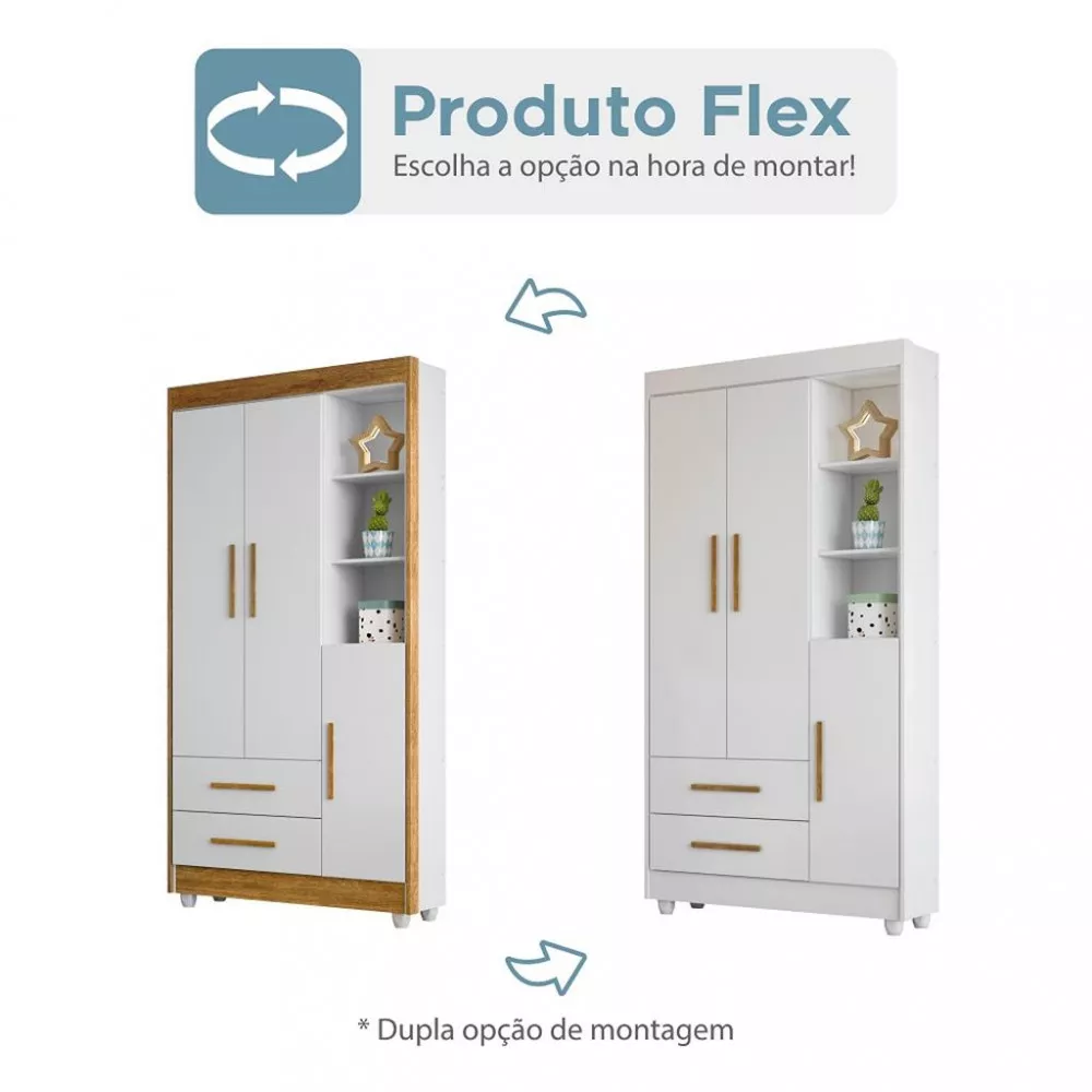 Guarda Roupa Infantil 3 Portas 2 Gavetas Flex Flocos Tigus Baby