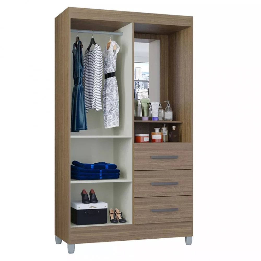 Guarda Roupa Solteiro com Espelho 2 Portas 3 Gavetas Madri Poquema