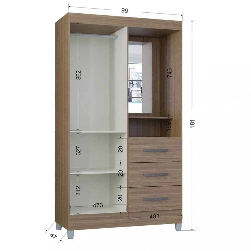 Guarda Roupa Solteiro com Espelho 2 Portas 3 Gavetas Madri Poquema