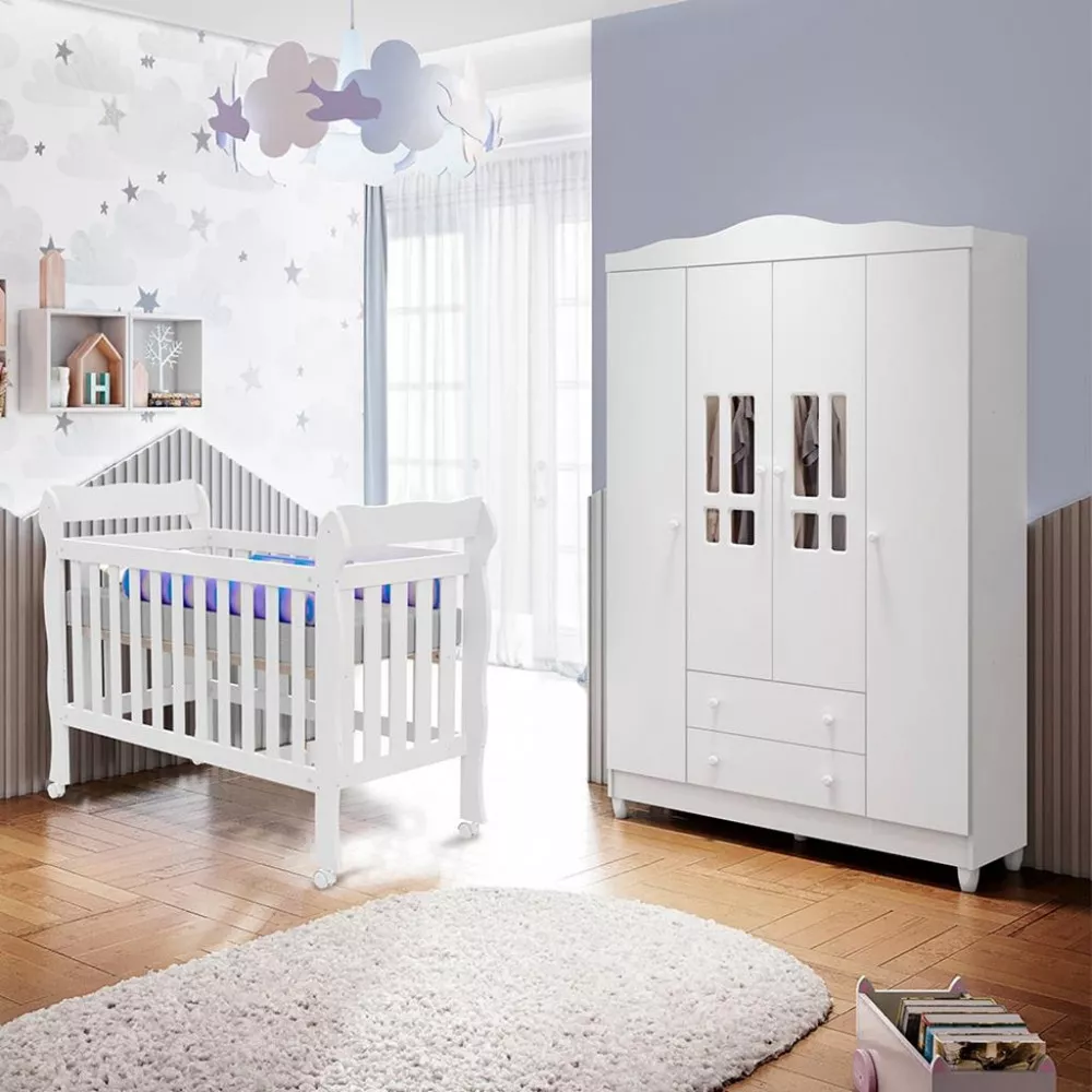 Quarto de Bebê Berço Mini Cama e  Guarda-Roupa 4 Portas Lila Carolina Baby