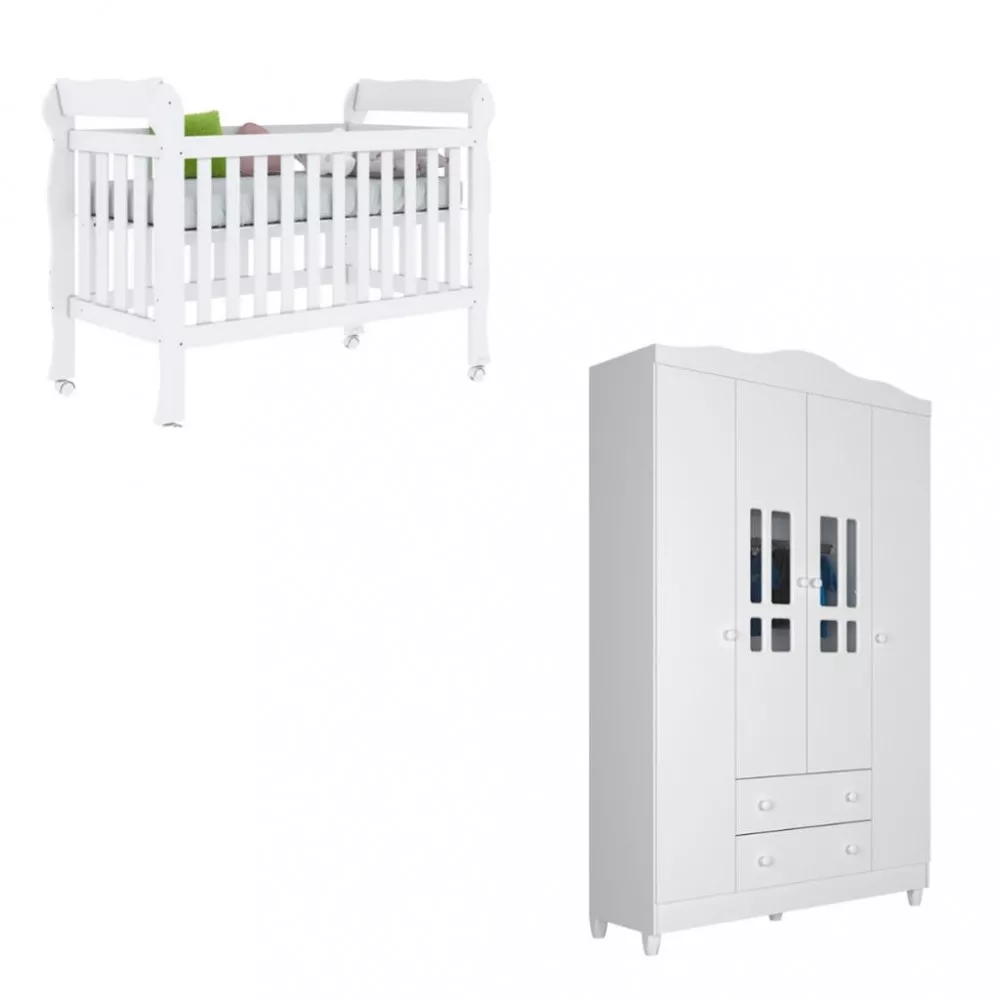 Quarto de Bebê Berço Mini Cama e  Guarda-Roupa 4 Portas Lila Carolina Baby