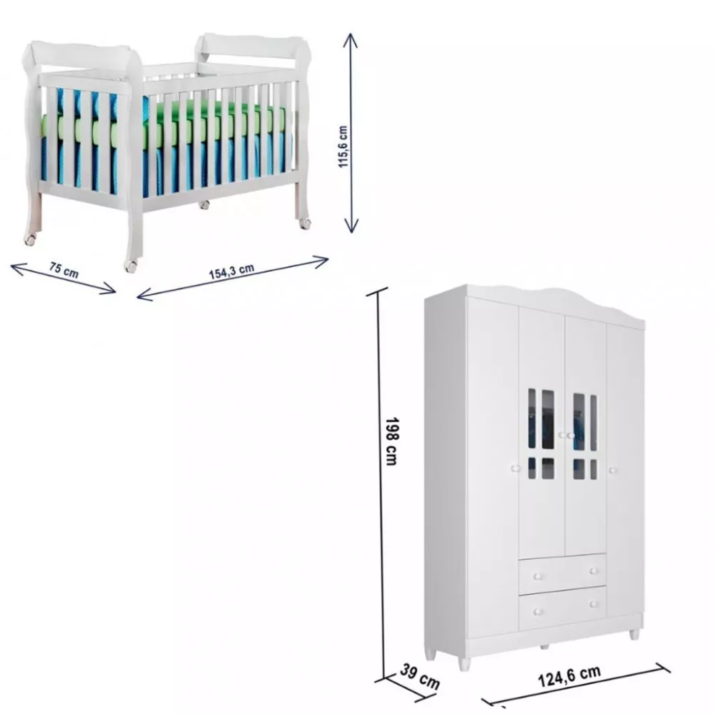 Quarto de Bebê Berço Mini Cama e  Guarda-Roupa 4 Portas Lila Carolina Baby