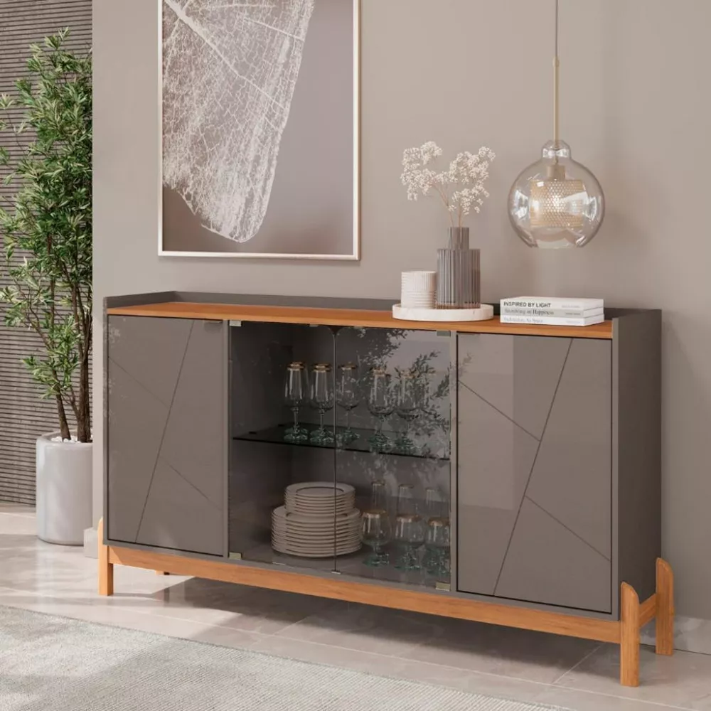 Image 0 of 5 of Aparador Buffet 4 Portas e Vidro com Pés de Madeira Bari Casa D