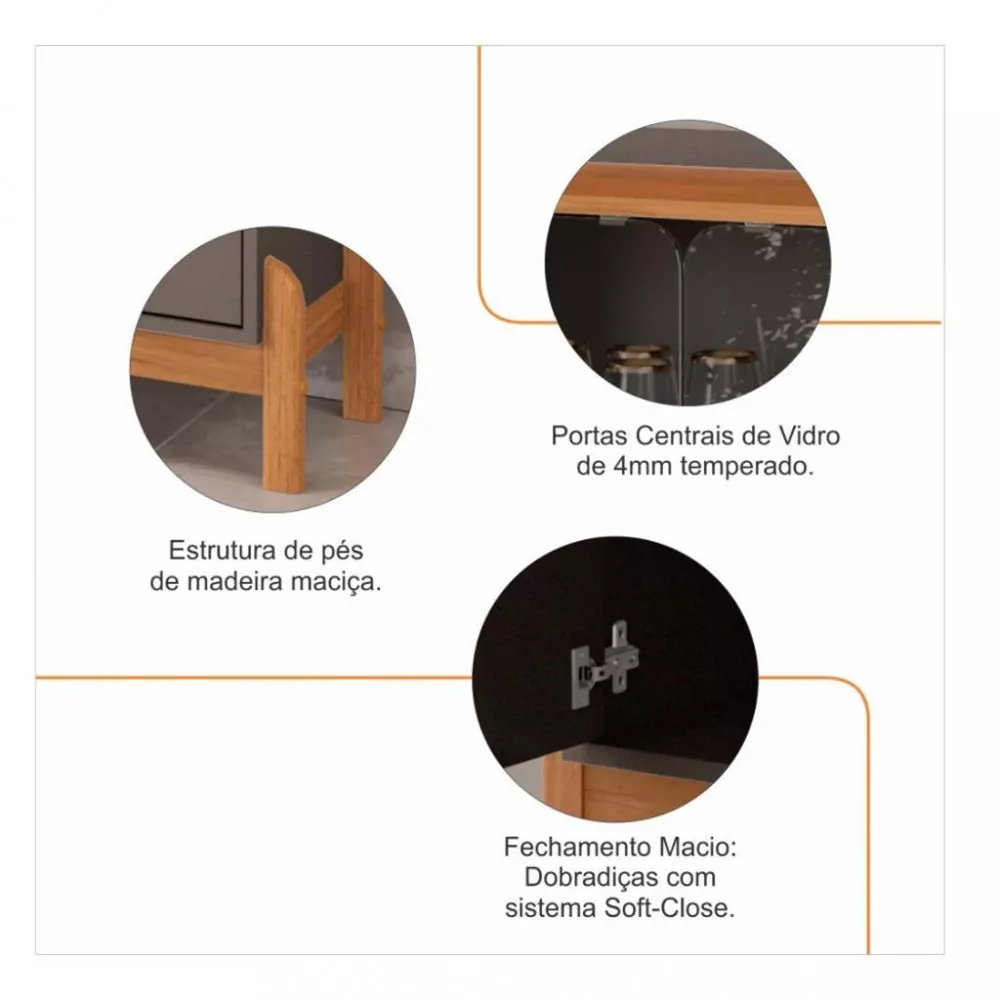 Image 4 of 5 of Aparador Buffet 4 Portas e Vidro com Pés de Madeira Bari Casa D