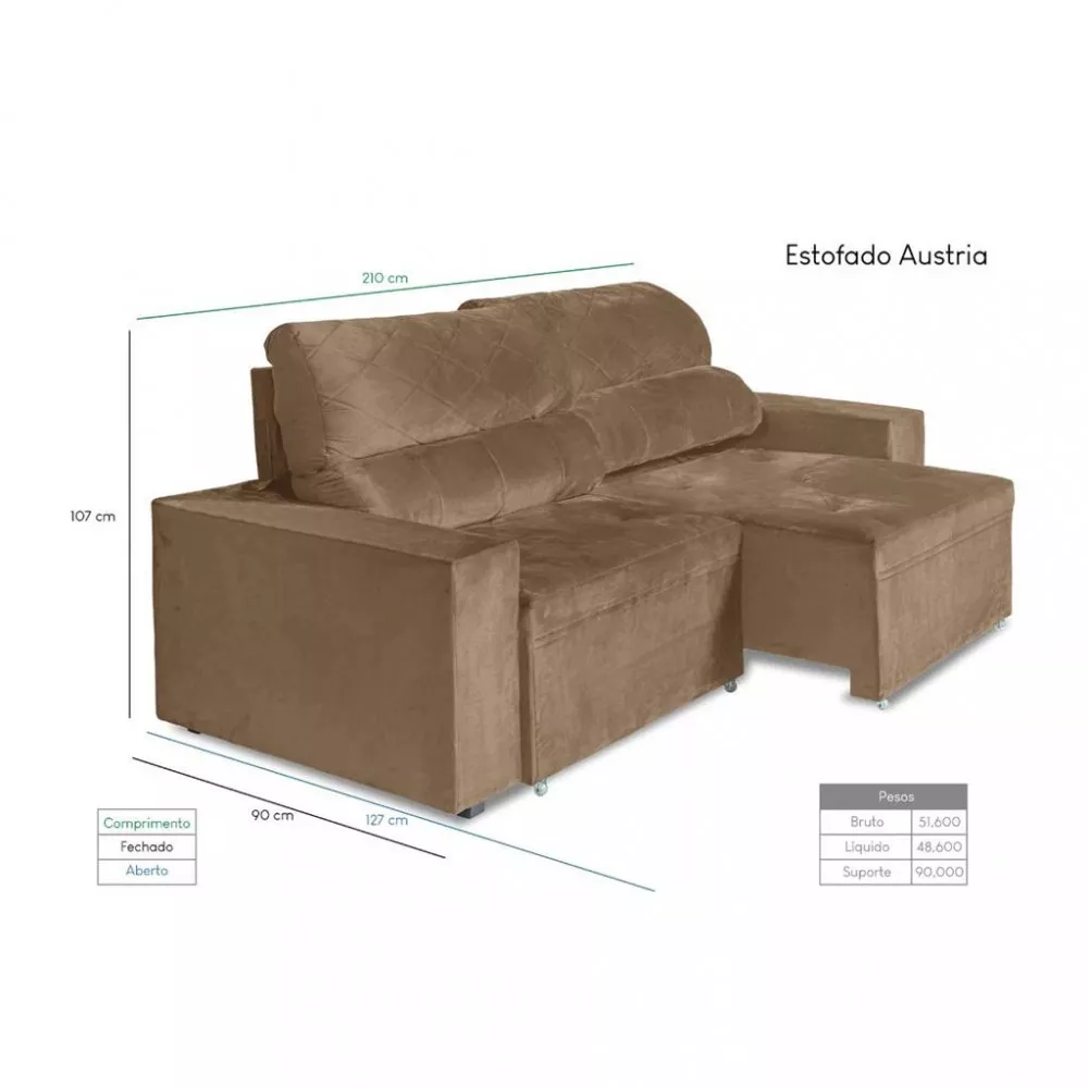 Sofá 3 Lugares 210cm Retrátil Veludo Áustria New Berflex Estofados