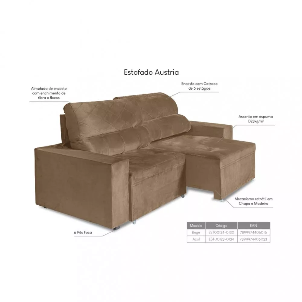 Sofá 3 Lugares 210cm Retrátil Veludo Áustria New Berflex Estofados