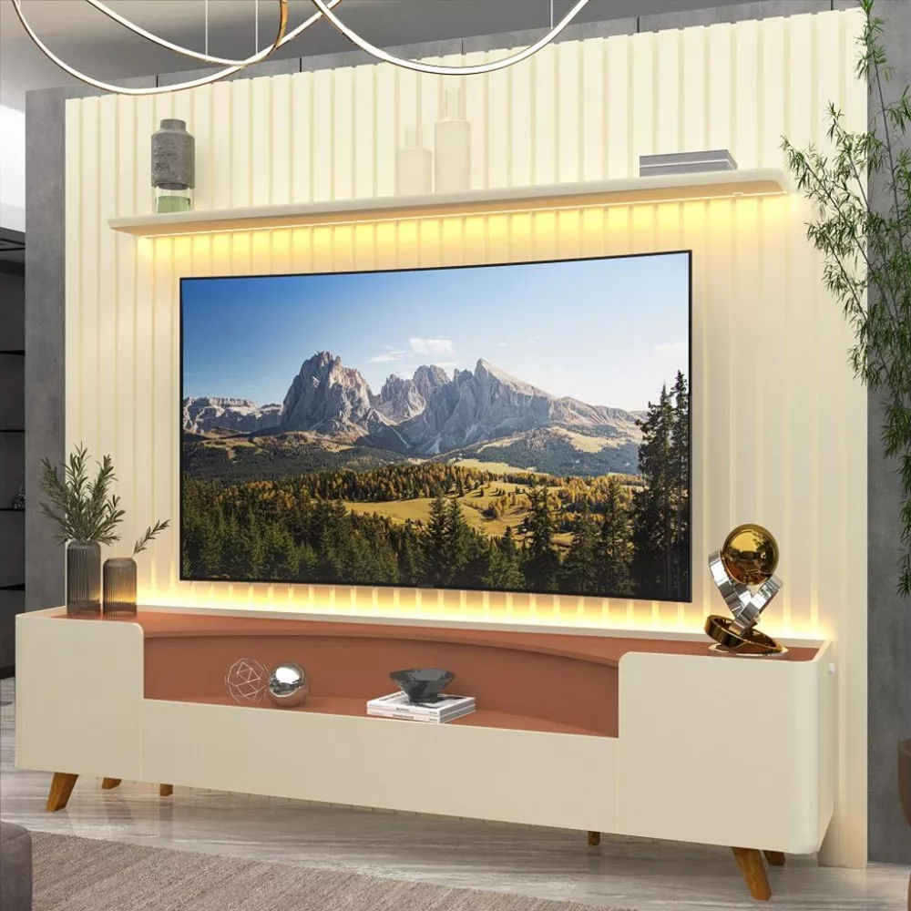 Rack com Painel para TV até 85 Polegadas 2 Portas 2 Gavetas 230cm Pés de Madeira Nobre Infinity Gelius