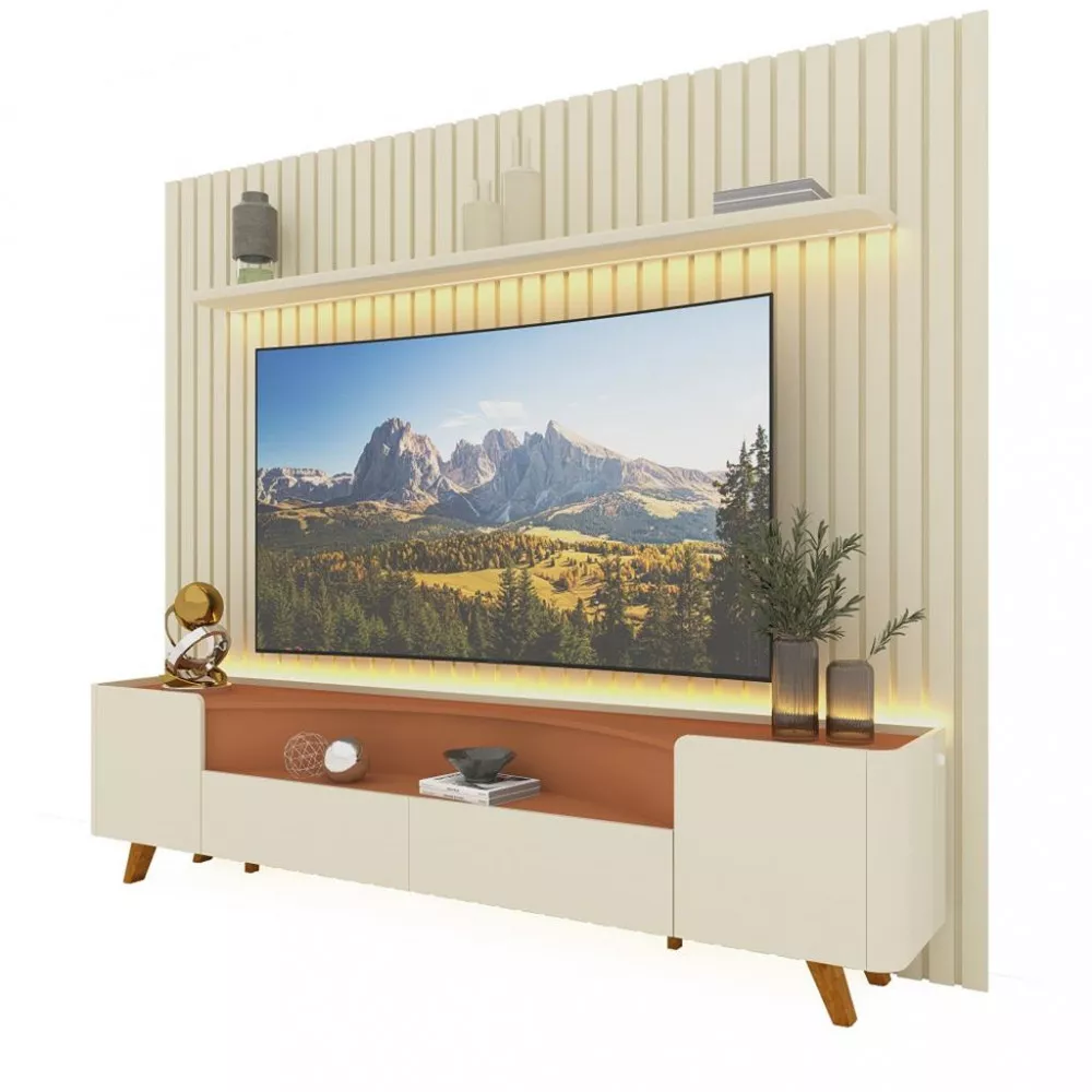 Rack com Painel para TV até 85 Polegadas 2 Portas 2 Gavetas 230cm Pés de Madeira Nobre Infinity Gelius