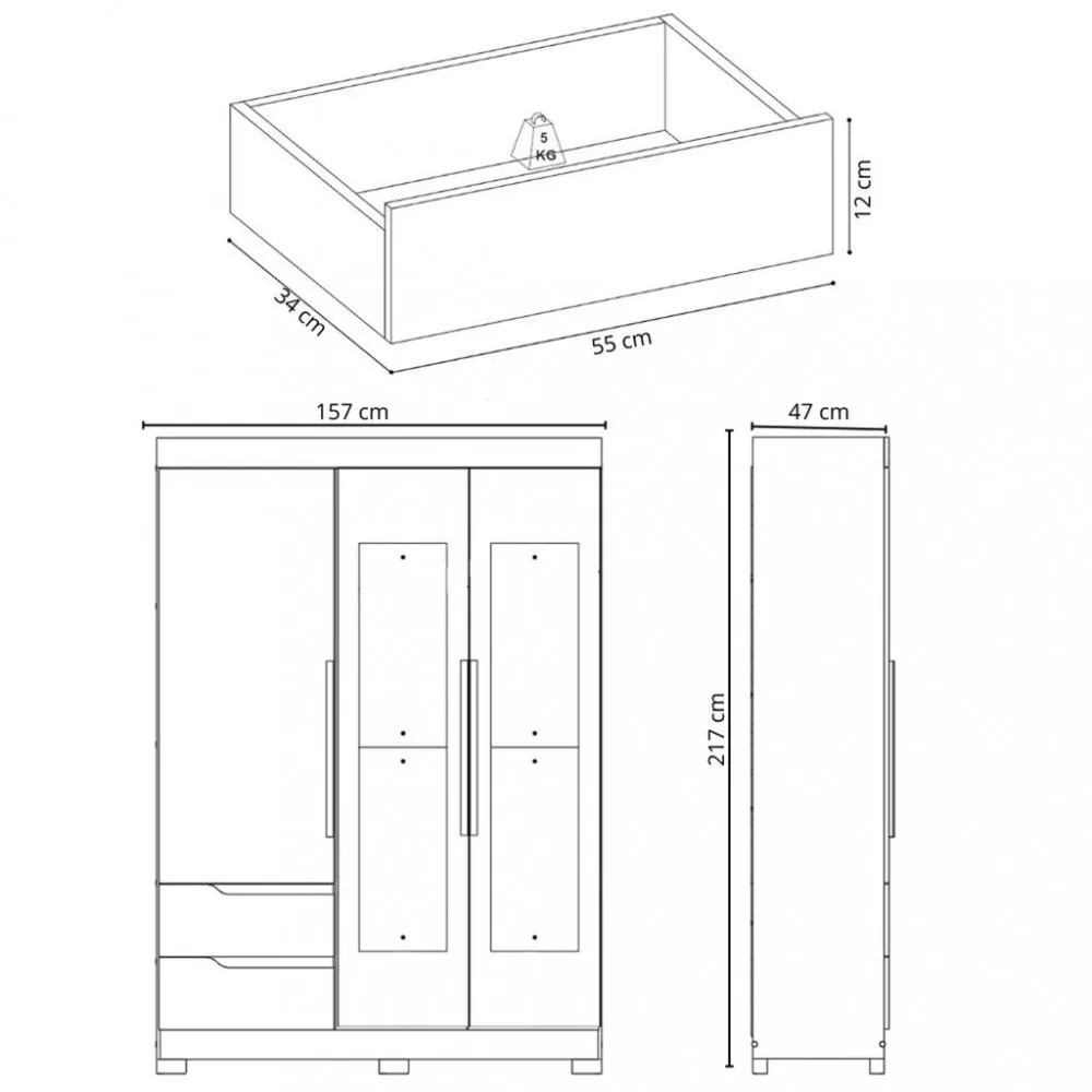 Guarda Roupa Solteiro Espelho 3 Portas 2 Gavetas Vivance Albatroz