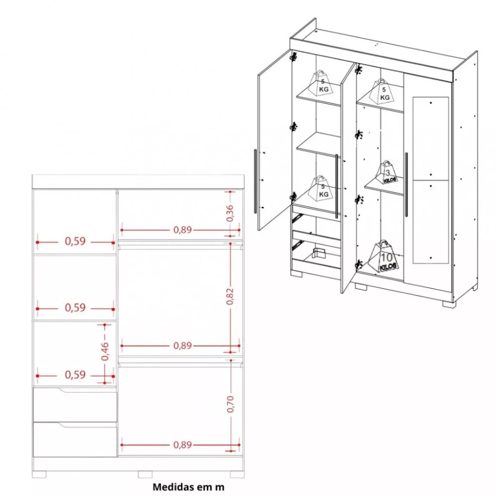 Guarda Roupa Solteiro Espelho 3 Portas 2 Gavetas Vivance Albatroz