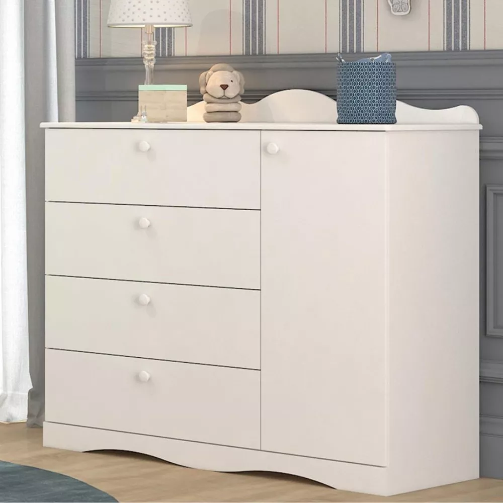 Cômoda Infantil 4 Gavetas 1 Porta com Pés 100 MDF Encanto Permobili