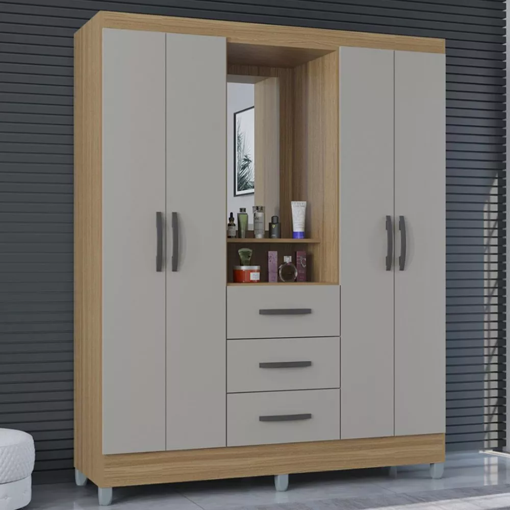 Guarda Roupa Solteiro com Espelho e Pés 4 Portas 3 Gavetas Madri Poquema