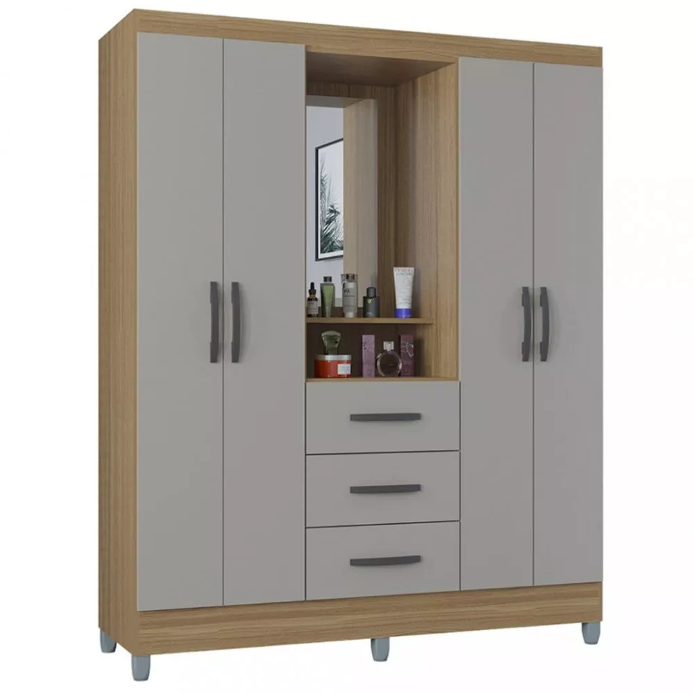 Guarda Roupa Solteiro com Espelho e Pés 4 Portas 3 Gavetas Madri Poquema