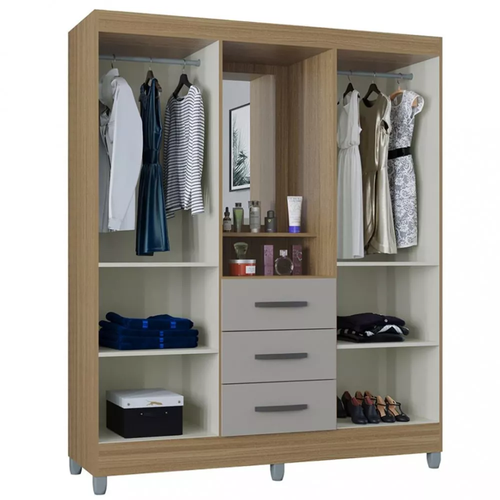 Guarda Roupa Solteiro com Espelho e Pés 4 Portas 3 Gavetas Madri Poquema