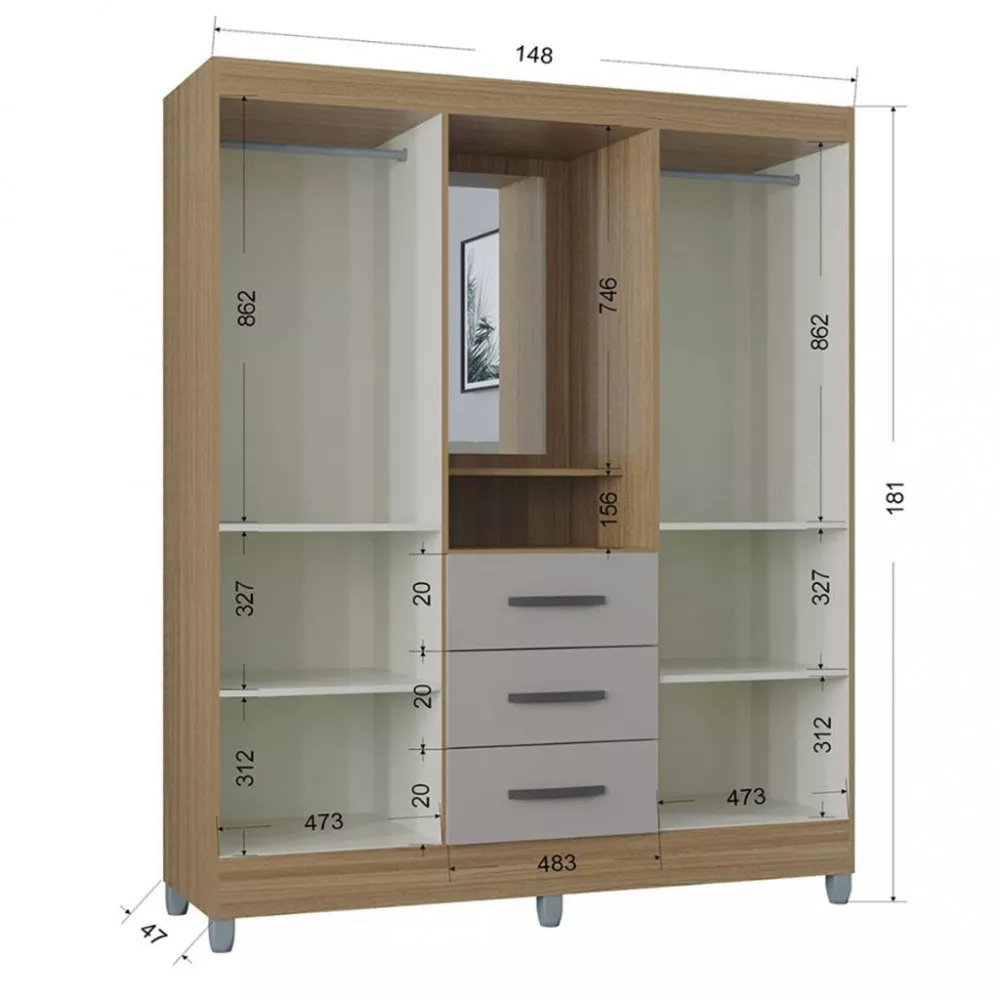 Guarda Roupa Solteiro com Espelho e Pés 4 Portas 3 Gavetas Madri Poquema