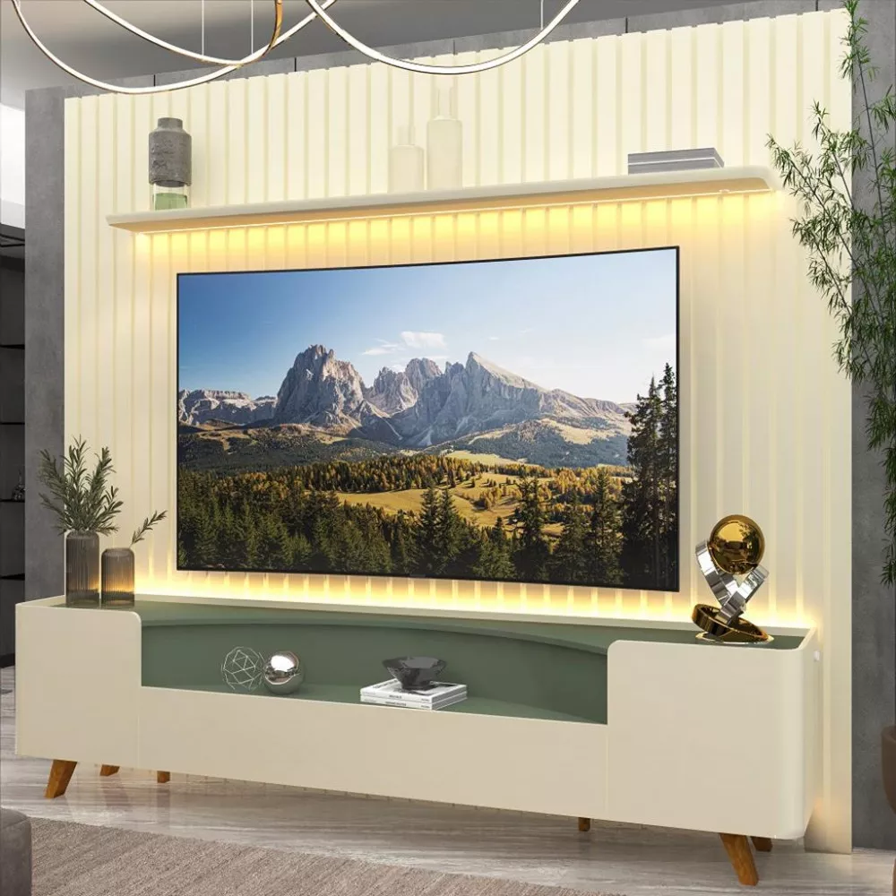 Rack com Painel para TV até 85 Polegadas 2 Portas 2 Gavetas 230cm Pés de Madeira Nobre Infinity Gelius