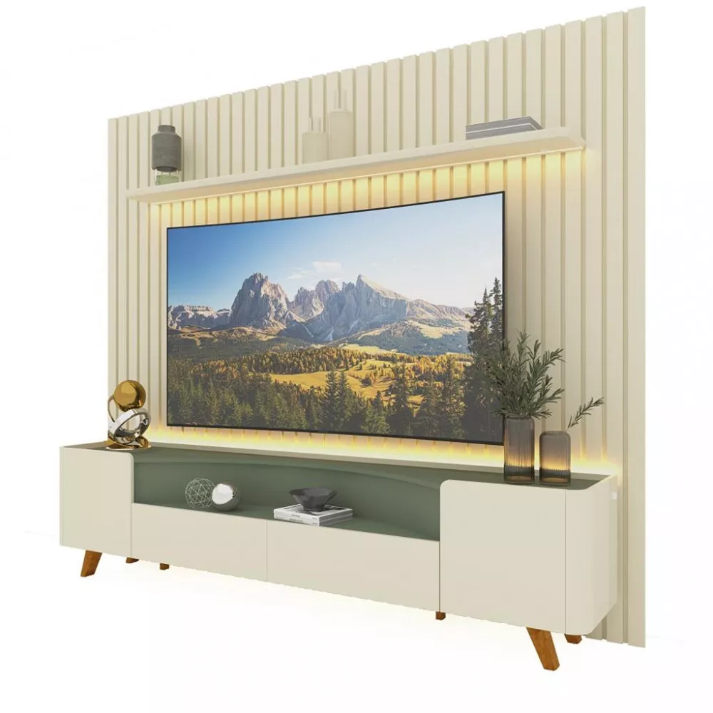 Rack com Painel para TV até 85 Polegadas 2 Portas 2 Gavetas 230cm Pés de Madeira Nobre Infinity Gelius