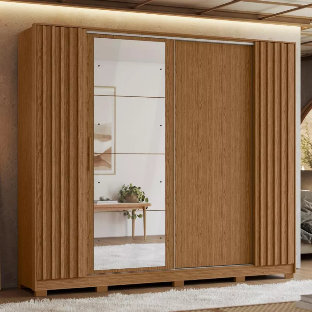 Guarda Roupa Casal Flex Ripado com Espelho 4 Portas e Pés Jacaranda Albatroz