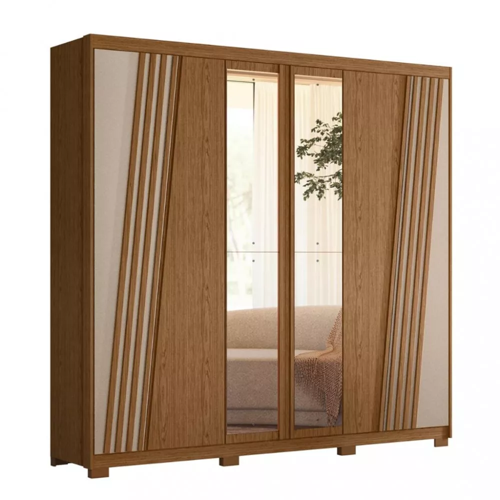 Guarda Roupa Ripado Casal com Espelho e Pés 6 Portas Ouro Verde Albatroz