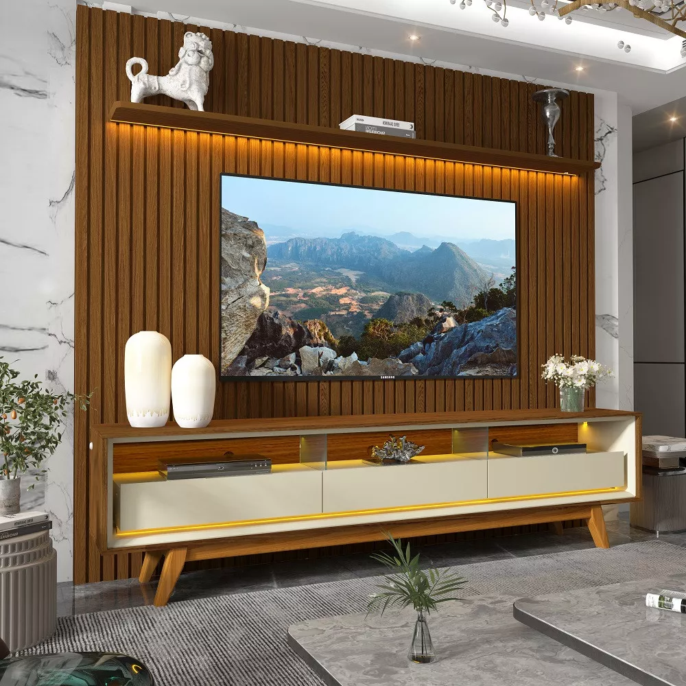 Rack com Painel Ripado para TV até 85 Polegadas com LED e Vidro 3 Gavetas com Pés de Madeira Nobre Requinte Gelius