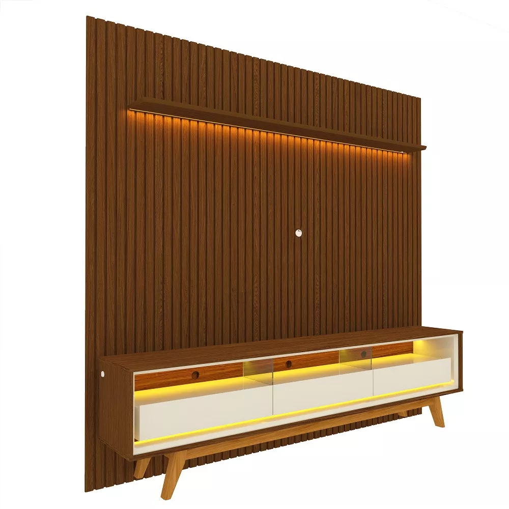 Rack com Painel Ripado para TV até 85 Polegadas com LED e Vidro 3 Gavetas com Pés de Madeira Nobre Requinte Gelius