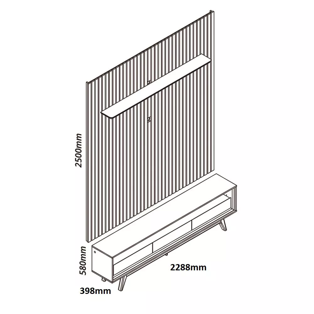 Rack com Painel Ripado para TV até 85 Polegadas com LED e Vidro 3 Gavetas com Pés de Madeira Nobre Requinte Gelius