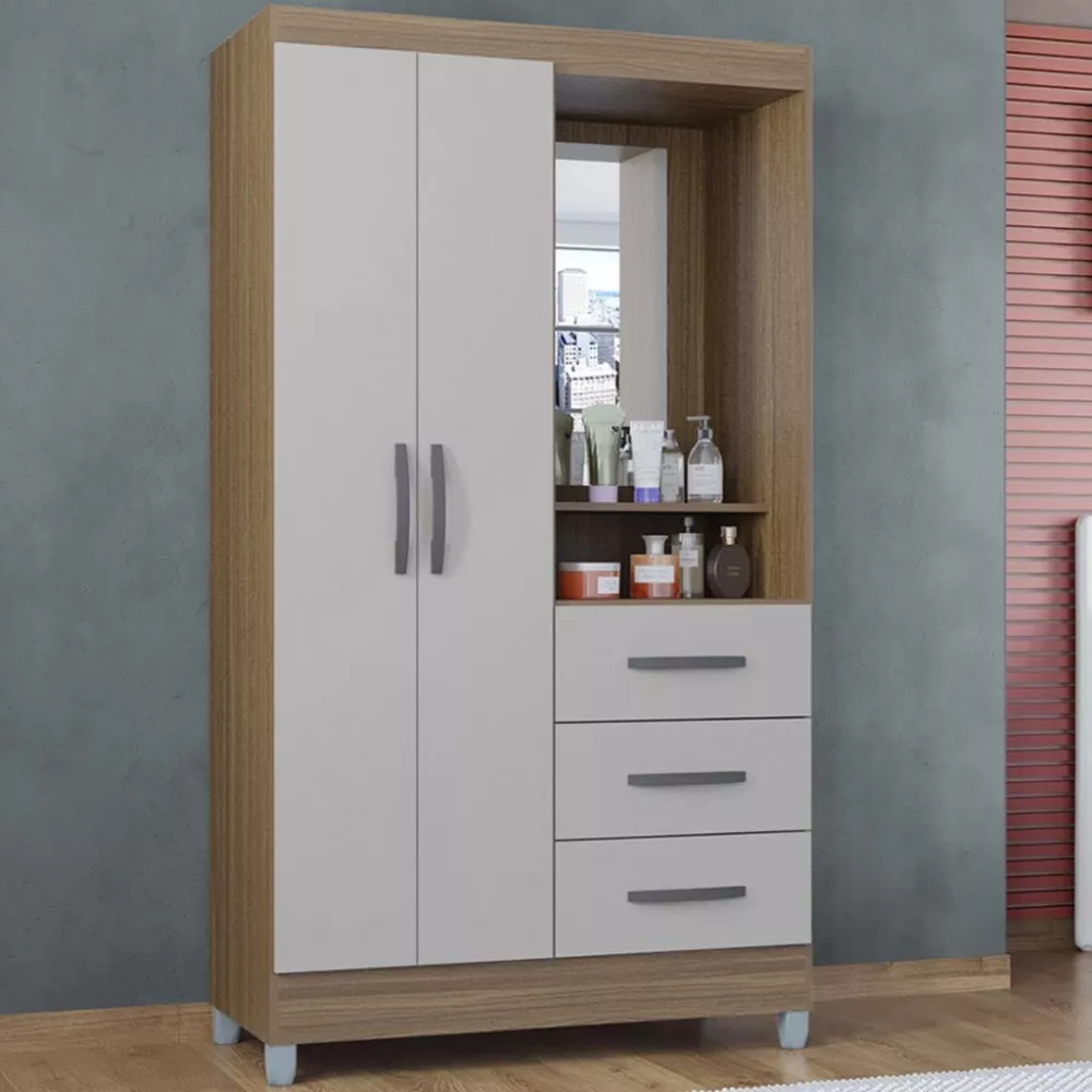 Guarda Roupa Solteiro com Espelho 2 Portas 3 Gavetas Madri Poquema
