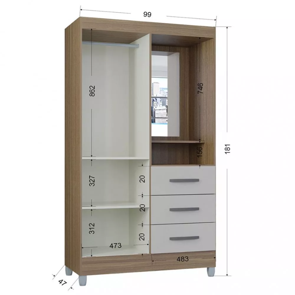 Guarda Roupa Solteiro com Espelho 2 Portas 3 Gavetas Madri Poquema