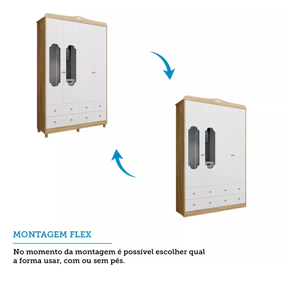 Guarda Roupa Infantil 4 Portas 4 Gavetas MDF  Noah Móveis Peroba