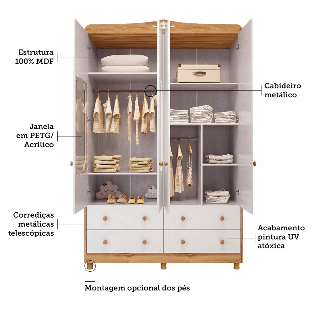 Guarda Roupa Infantil 4 Portas 4 Gavetas MDF  Noah Móveis Peroba