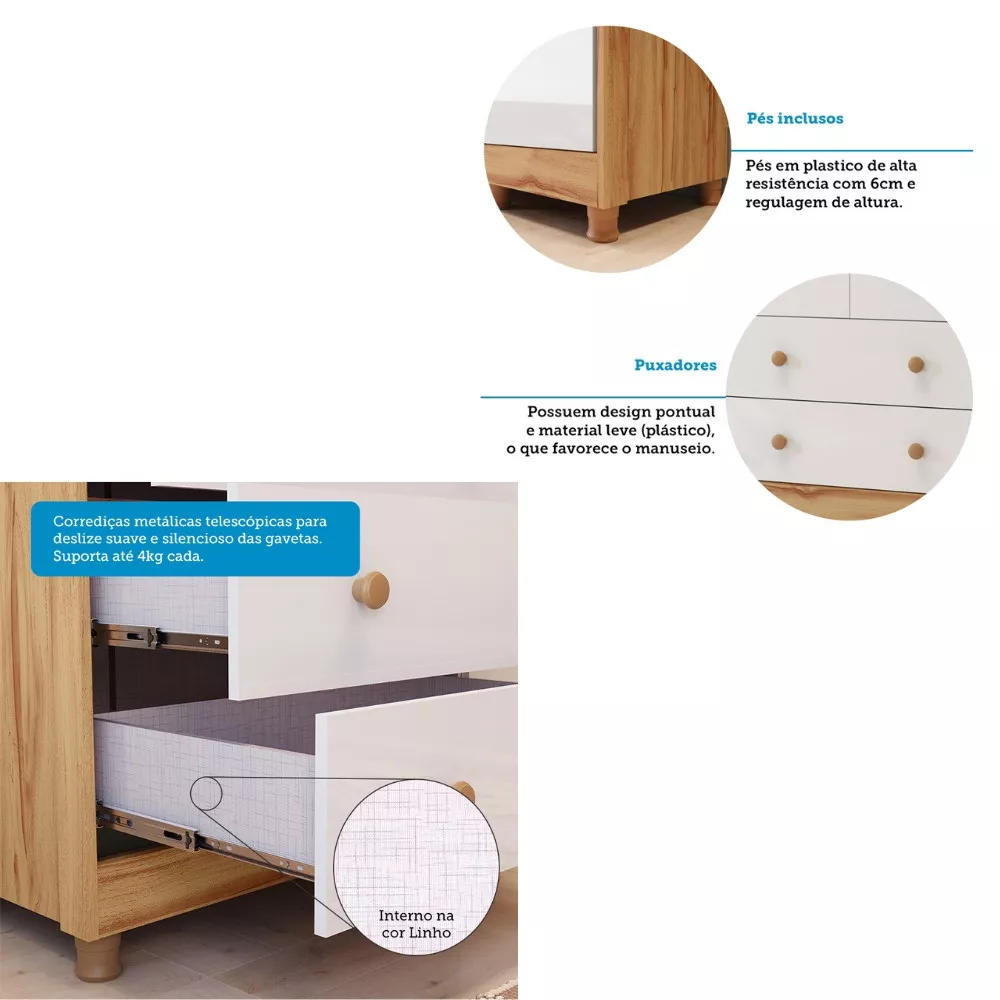 Guarda Roupa Infantil 4 Portas 4 Gavetas MDF  Noah Móveis Peroba