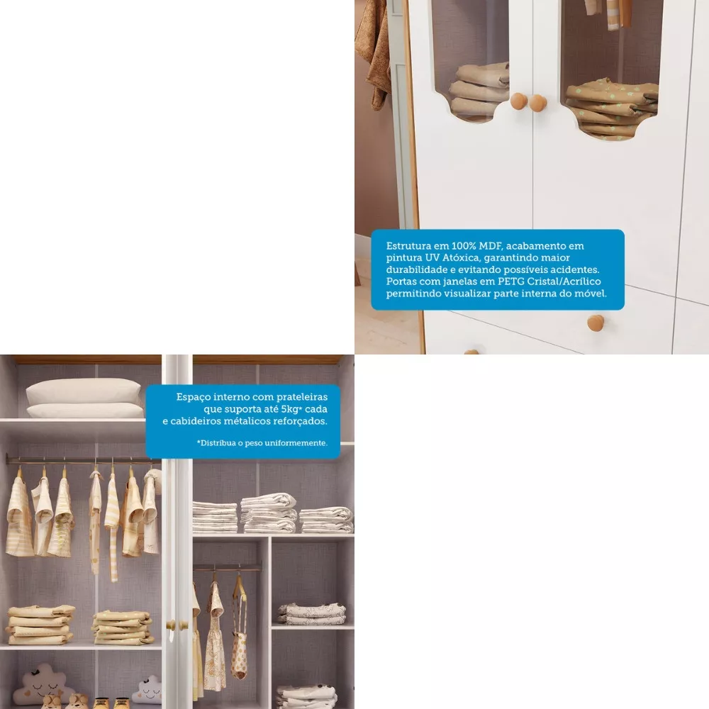 Guarda Roupa Infantil 4 Portas 4 Gavetas MDF  Noah Móveis Peroba