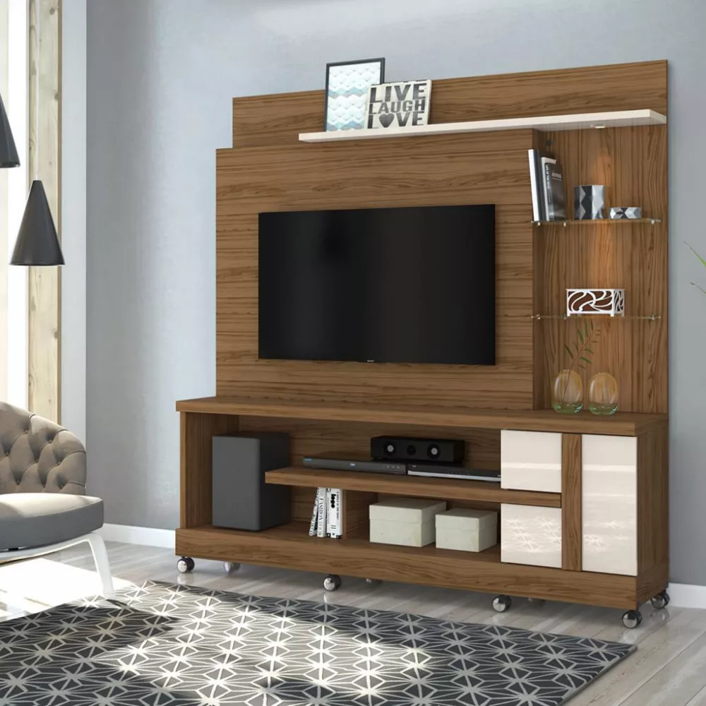 Estante Home para TV até 55 Polegadas com LED e Prateleira de Vidro 1 Porta com Rodízios Alan Madetec