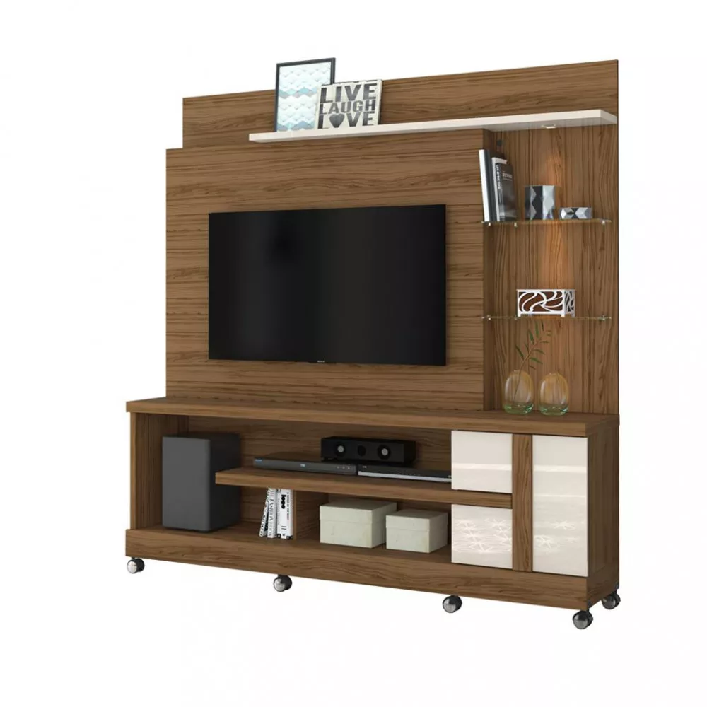 Estante Home para TV até 55 Polegadas com LED e Prateleira de Vidro 1 Porta com Rodízios Alan Madetec