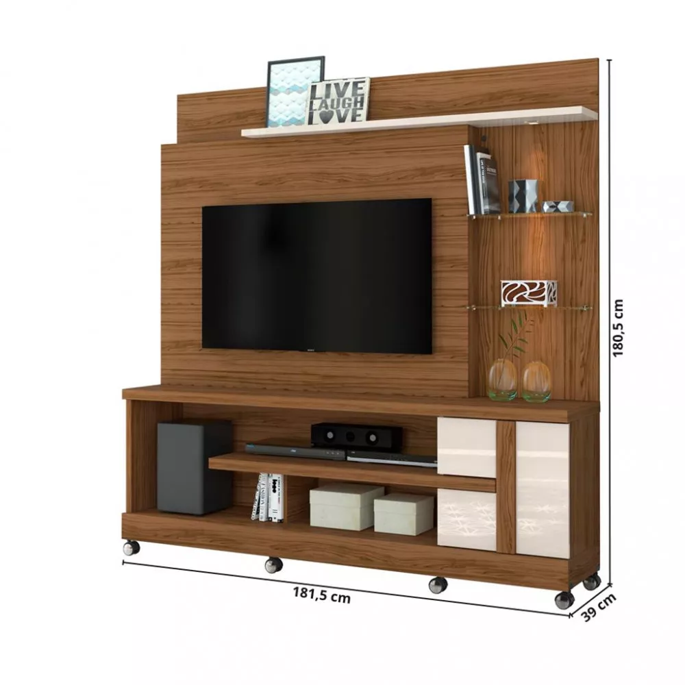 Estante Home para TV até 55 Polegadas com LED e Prateleira de Vidro 1 Porta com Rodízios Alan Madetec