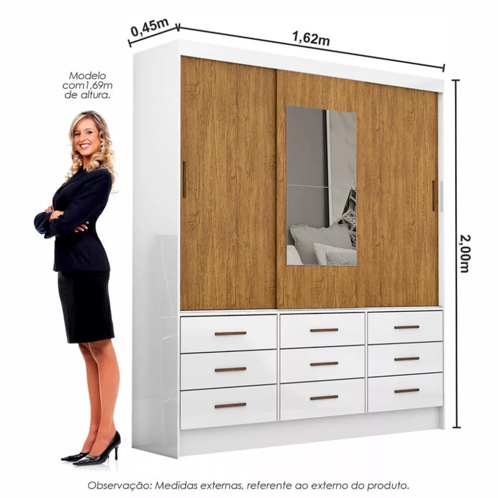 Guarda Roupa Casal com Espelho 3 Portas de Correr 9 Gavetas Sevilha Carioca Móveis