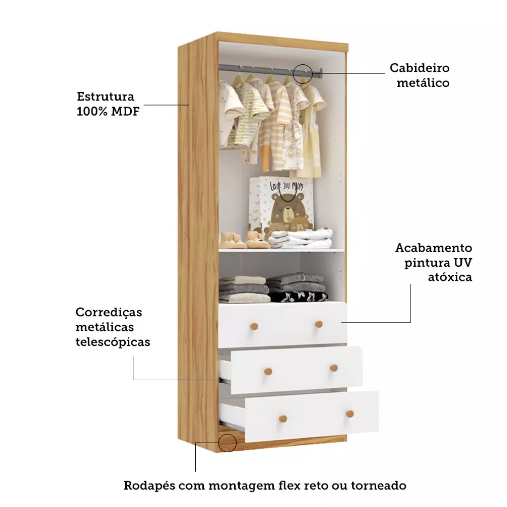 Guarda Roupa 2 Portas 3 Gavetas Smim New Móveis Peroba