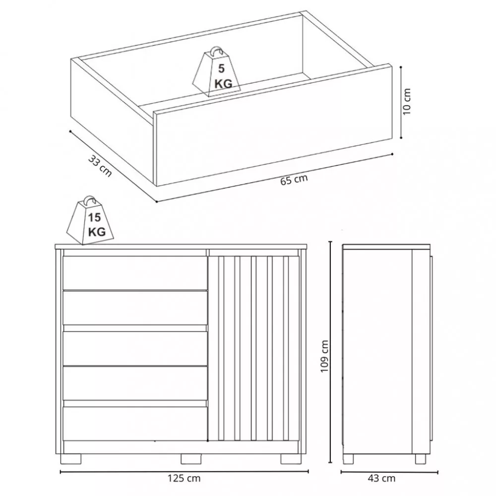 Image 3 of 5 of Cômoda Ripada 5 Gavetas 1 Porta com Pés Duetto Albatroz