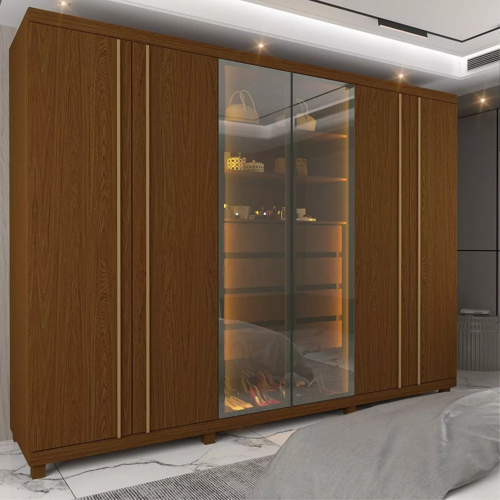 Guarda Roupa Casal LED com Vidro Reflecta 6 Portas com Pés em MDF Absolut Gelius